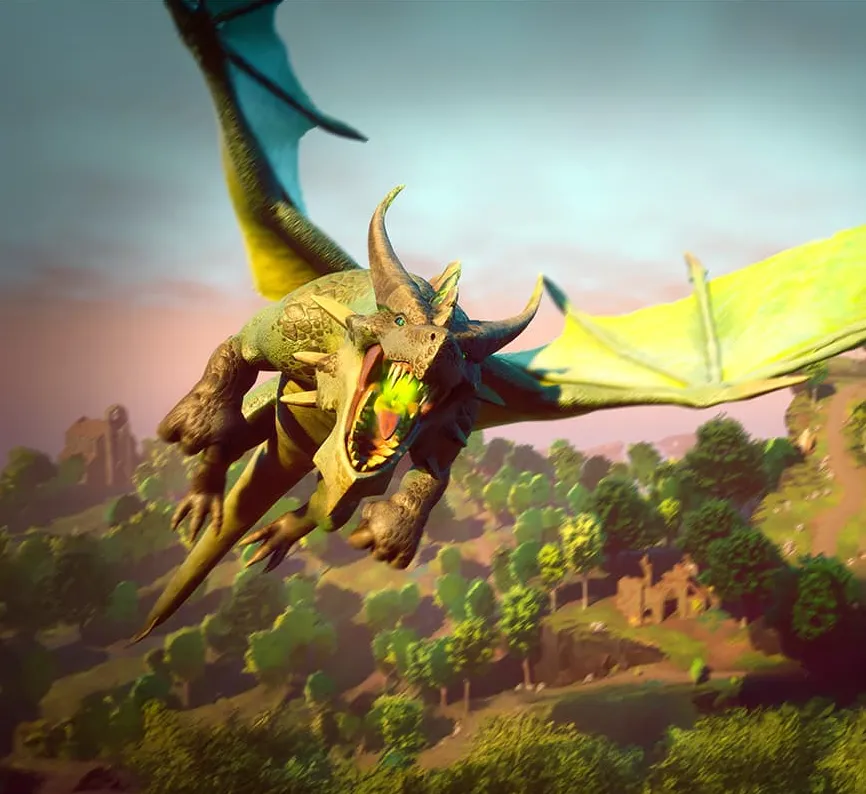 A dragon gliding over Ashenfall’s forests in RuneScape: Dragonwilds
