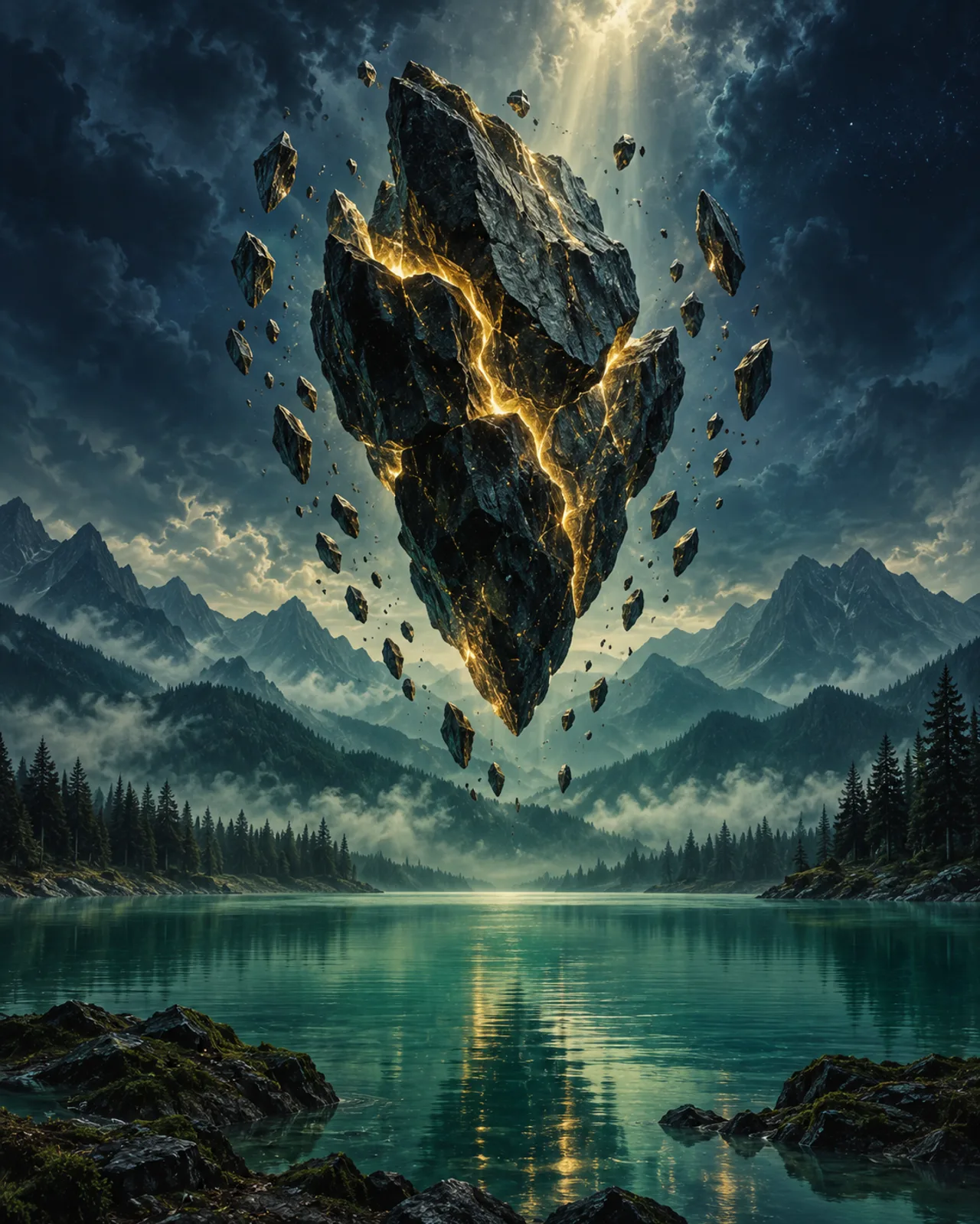 An imaginative floating stone monument above a misty jade lake
